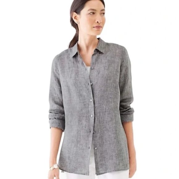 J. Jill Love Linen Essential Shirt Charcoal Gray Button Up Sz LP - Picture 1 of 6